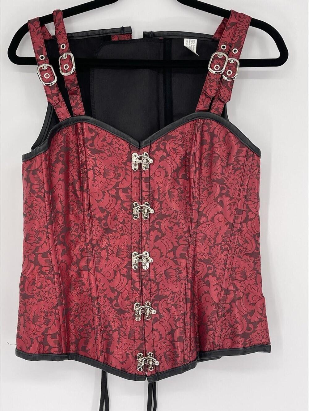 Red Black Brocade Corset Bustier Top Gothic Steampunk Lace Up XL - Runs Small